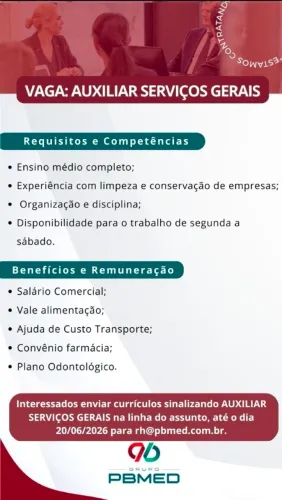 Vaga Auxiliar Serviços Gerais