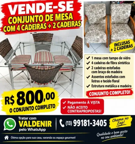 Conjunto de Mesa com Tampo de Vidro + 6 Cadeiras por R$ 800,00 à Vista