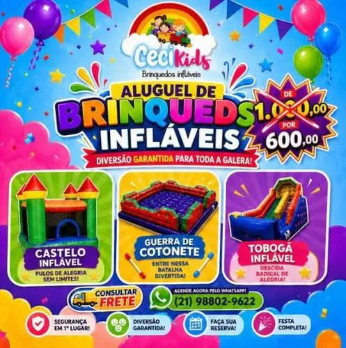 Pula pula, Toboga, área baby, Totó, Castelinho, Futebol de sabão, Guerra de cotonete