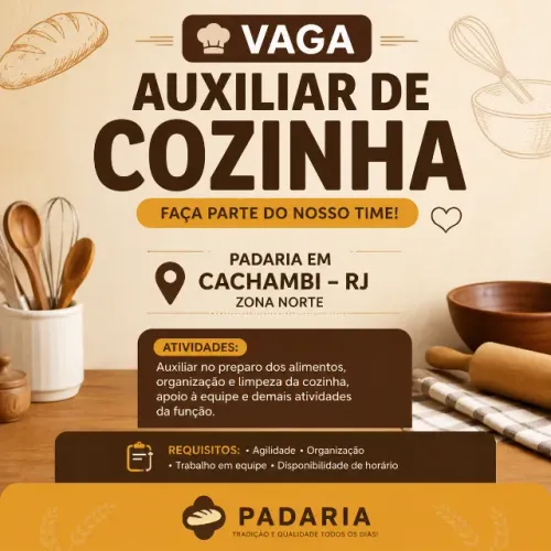 VAGA: AUXILIAR DE COZINHA EM PADARIA