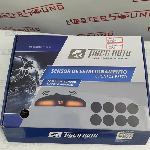 Sensor de estacionamento. Com 8 pontos. 4 dianteiro e 4 traseiro. Preto. Novo. Instalado. 