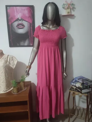 Vestido Longo de Crepe Duna com Lastex e Mangas Bufantes