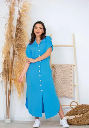 Vestido Chemise Feminino Longo Azul Piscina Tam G