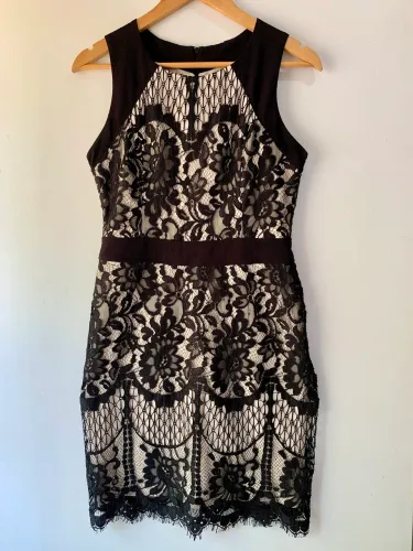 Vestido Amarelô Curto Renda Preto Nude Festa/Evento Noite Tamanho 40