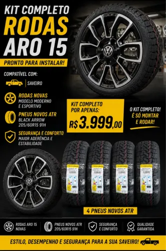 Rodas aro 15 Saveiro 4/100 Volkswagen + pneus 205/60/15 atr 