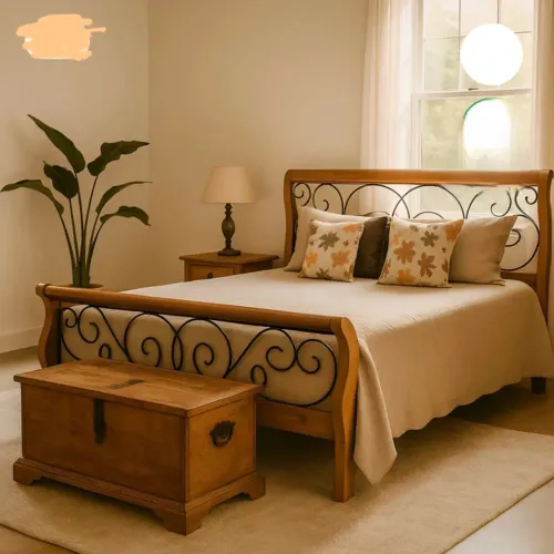 Cama Queen Madeira Maciça trabalhada com ferro + Colchão Castor D33 Altura 25cm 