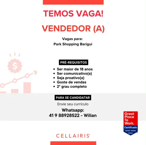 Vaga para vendedor - Shopping Barigui