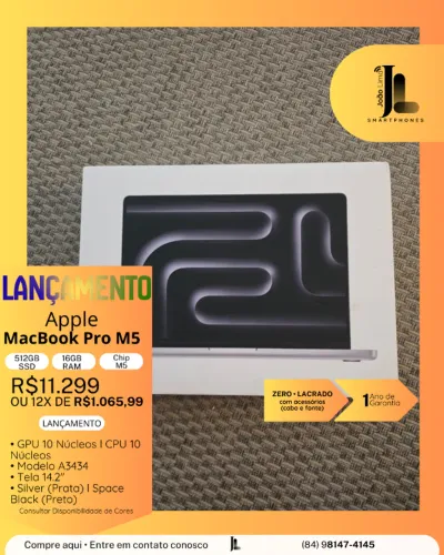 MACBOOK PRO M5, 512GB, 16GB RAM, TELA 14.2?, CHIP M5, LACRADO, LANÇAMENTO!!