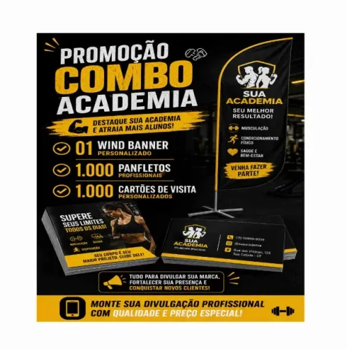 Combo academia: 1000 cartões de visita+1 wind banner + 1000 panfletos frente