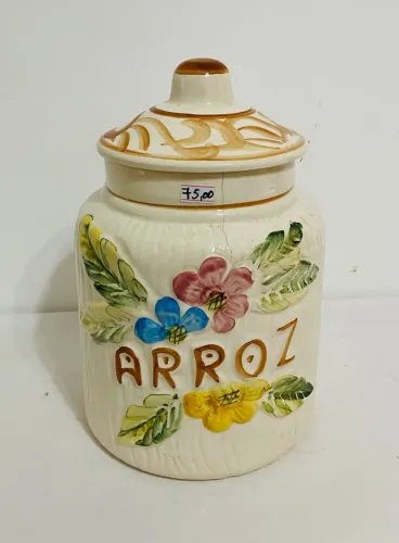 Pote De Arroz Antigo Em Cerâmica Pintado À Mão Com Tampa