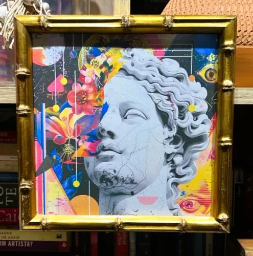 Quadro decorativo pop art escultura clássica floral moldura dourada