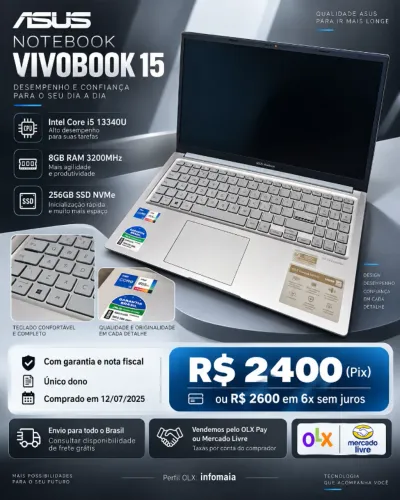 Notebook ASUS Vivobook 15, Intel Core i5 13340U 8GB Ram 3200mhz, 256GB SSD nvme