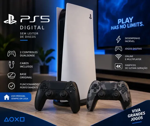 PS5 Digital + 2 Controles DualSense - Muito Conservado