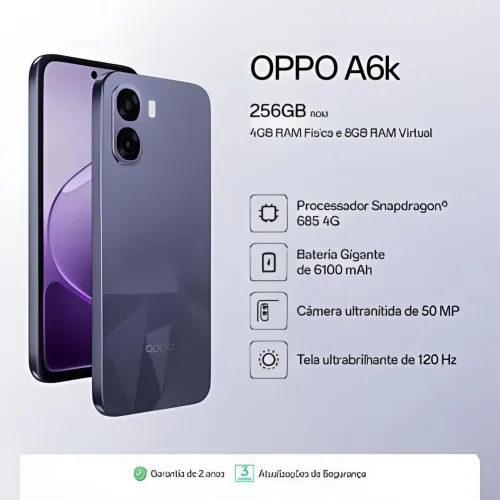 Smartphone OPPO A6K 128 gb, 4 GM ram + 8gb ram virtual Bateria de 6100mAh Câmera 50MP