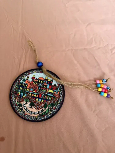 placa decorativa de madeira de Jerusalém - nova (13 cm de diâmetro)