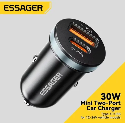 Essager Tipo C Carregador Veicular USB, Carregamento Rápido 30W