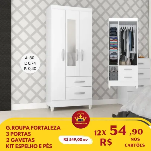 PROMOÇÃO URGENTE - Guarda-Roupas Solteiro 3 PORTAS e 2 GAVETAS + Espelho GRÁTIS Branco