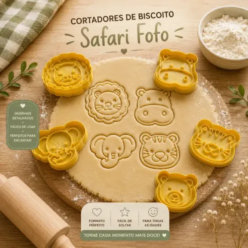 Kit 4 Cortadores de Biscoito Safari Fofo - 4 Modelos