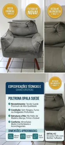 Vendo Poltrona Confortável Suede Cinza - SEM RASGOS - Oportunidade!