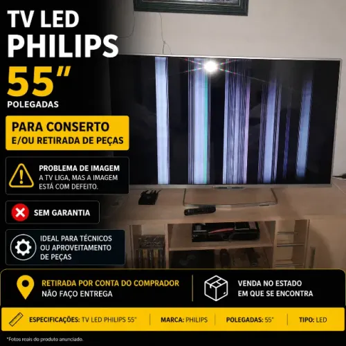 TV LED Philips 55" para Conserto ou Retirada de Peças - Liga, Som OK, Defeito na Imagem