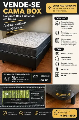 Cama Box de couro + Colchão no tamanho Viúvo (128 x 188 cm)