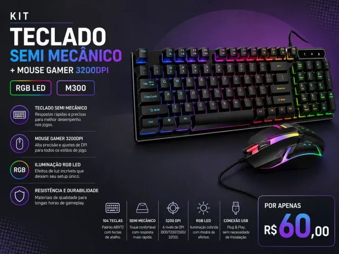Kit Teclado Semi Mecanico + Mouse RGB