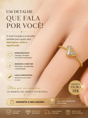 Anel Coração Banhado a Ouro 18K - Coração Cravejado Delicado Leve