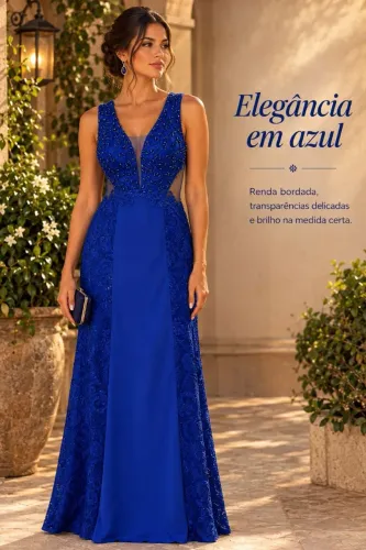 VESTIDO DE FESTA AZUL REBORDADO