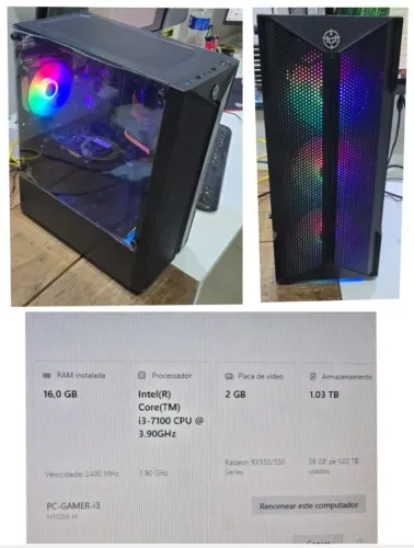 PC Gamer com Intel Core i3 7100, 16GB DDR4, SSD 120GB + Sata 1TB, Radeon RX550