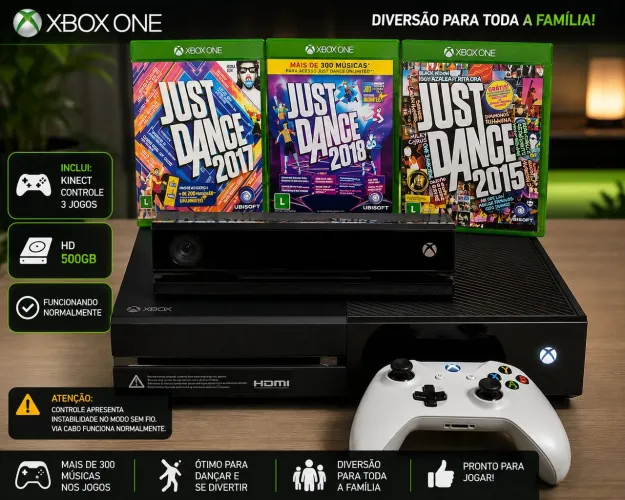 XBOX ONE COMPLETO - Kinect + 3 jogos Just Dance + 1 Controle. 