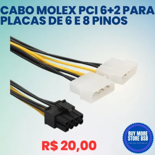 Cabo molex adaptador de energia P/ Placa de Video pci-e 6+2 pinos x ide energia