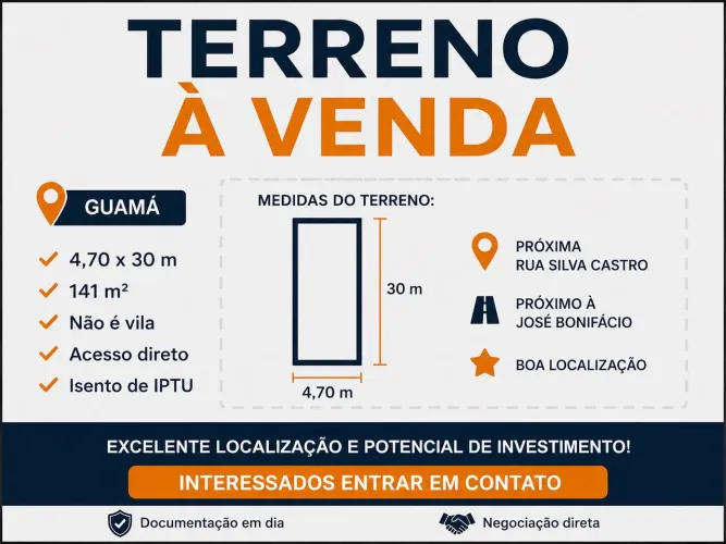 Terreno 4,70x30m à Venda - Próx. Rua Silva Castro - Guamá