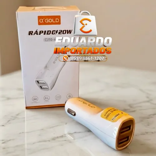 Carregador Veicular Rápido 20W A'GOLD com 2 Saídas USB, Cinzeiro Carro