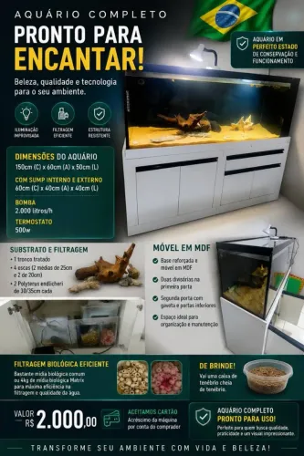 Aquário completo 150x60x50 com sump interno lateral e sump 60x40x40