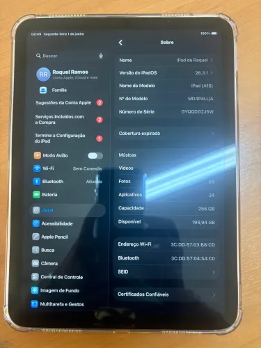 iPad A16 256GB Rosa Wi-Fi | Bateria 100% | Estado de Novo