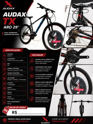Bicicleta MTB Audax TX Aro 29 | Quadro 17? | Shimano 21V | Suspensão com Trava | Nova