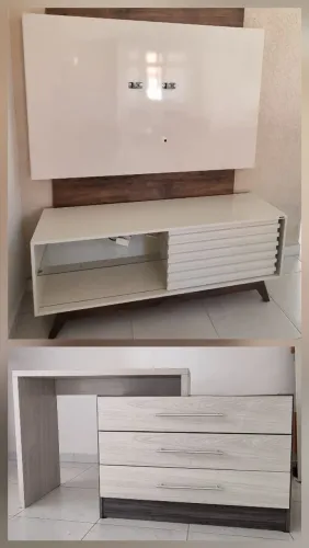 Rack para TV (1,40 larg) c/Painel suspenso + 1 comoda de quarto com estante articulada