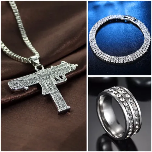 Kit Iced Cravejado Corrente Anel e Pulseira 