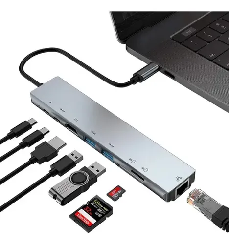 Hub Adaptador 8 Em 1 Thunderbolt 3 Usb C - Hdmi 4k - Ethernet RJ 45 -  Leitor Cartão Sd