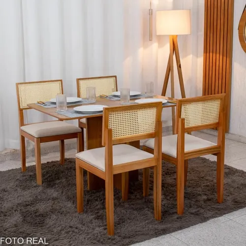 Mesa de Jantar Rústico + 4 Cad. Santorini Linho Bege Madeira rf98