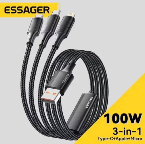 Essager Cabo 3 em 1 100W Essager - Tipo C, Apple e Micro 1.20 metro