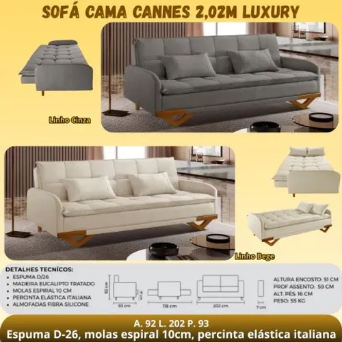 Sofá cama de 2.02m com almofada e tecido no linho