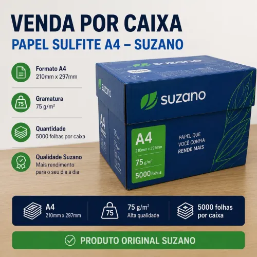     Papel Sulfite A4 Suzano 75g - Caixa Fechada com 5.000 Folhas