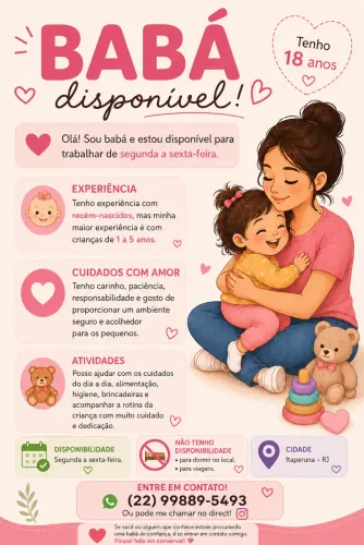 Se está precisando de uma babá em Itaperuna é só me chamar ?