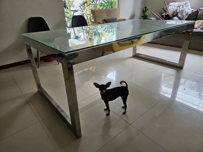 Mesa de Inox Jantar 2m X 1m. Tampo de vidro. 