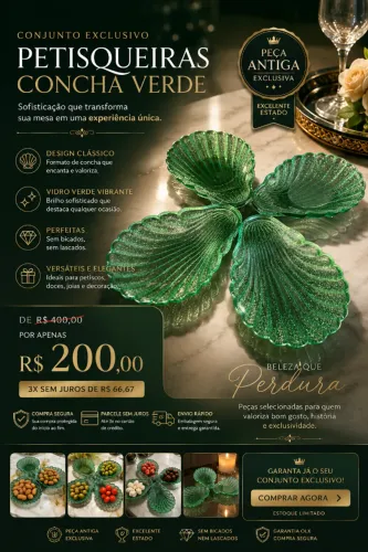 4 Antigas petisqueiras formato de concha Vidrão verde
