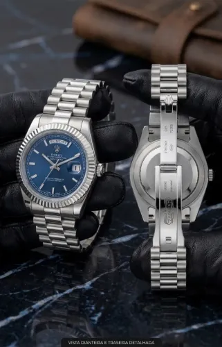 Relógio Masculino Estilo Day-Date Mostrador Azul (Aço)