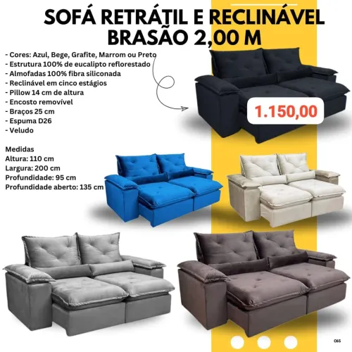 Sofá Retrátil reclinavel Brasão 2 metros Veludo / várias cores / pague na entrega