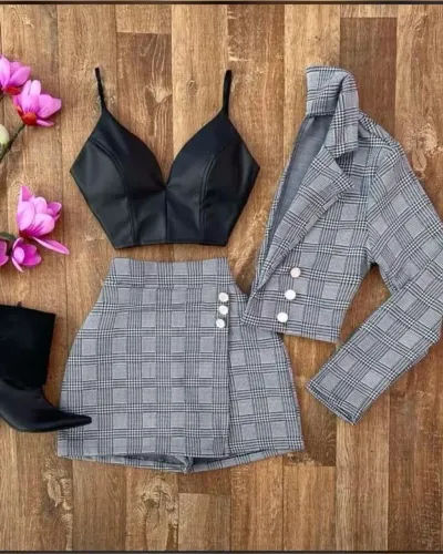 Conjunto Feminino Xadrez - Blazer Cropped + Cropped + Saia Shorts