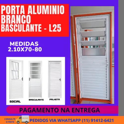 Porta Bascualte de Alumínio Branco L25 modelo top - 210X70 direito- frete a/c